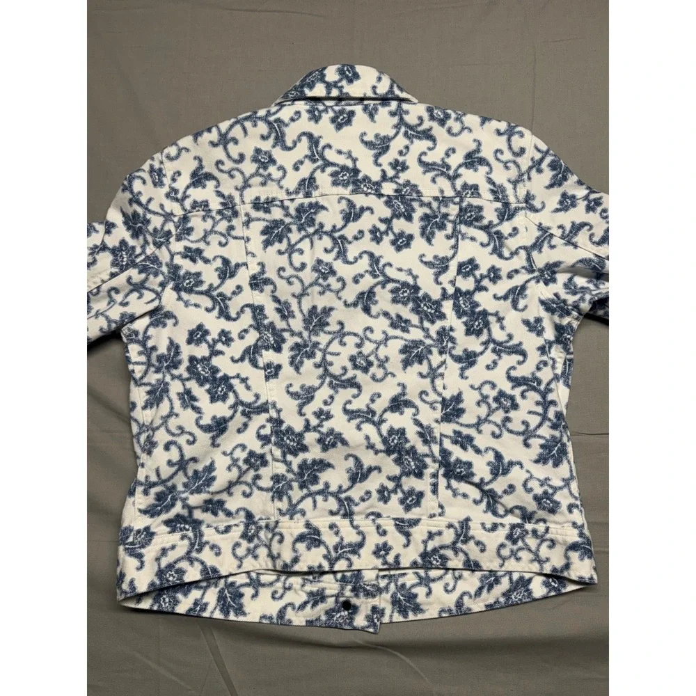 Lauren Ralph Lauren Jeans Co Blue White Floral Damask Denim Trucker Jacket L - Picture 5 of 7